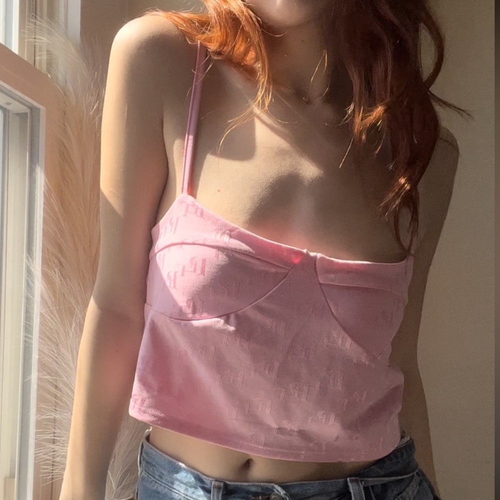 PRETTYLITTLETHING Light Pink Monogram Jacquard Crop Top || Size: US 10 / L